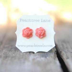 Coral Rose Flower Earrings // Bride..
