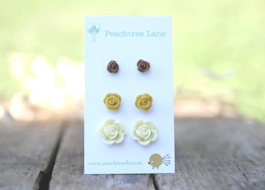Small Mustard Yellow Rose Flower Earrings // Tiny Brown Rose Earrings // Cream Rose Earrings // Bridesmaid Gifts // Vintage Wedding