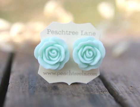 Large Mint Seafoam Green Rose Flower Earrings // Bridesmaid Gifts // Outdoor Rustic Wedding // Bridal Shower Gifts