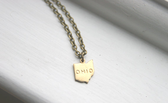 Small Gold Brass Ohio State Necklace, Miniature State Necklace, Map Land Geography Necklace
